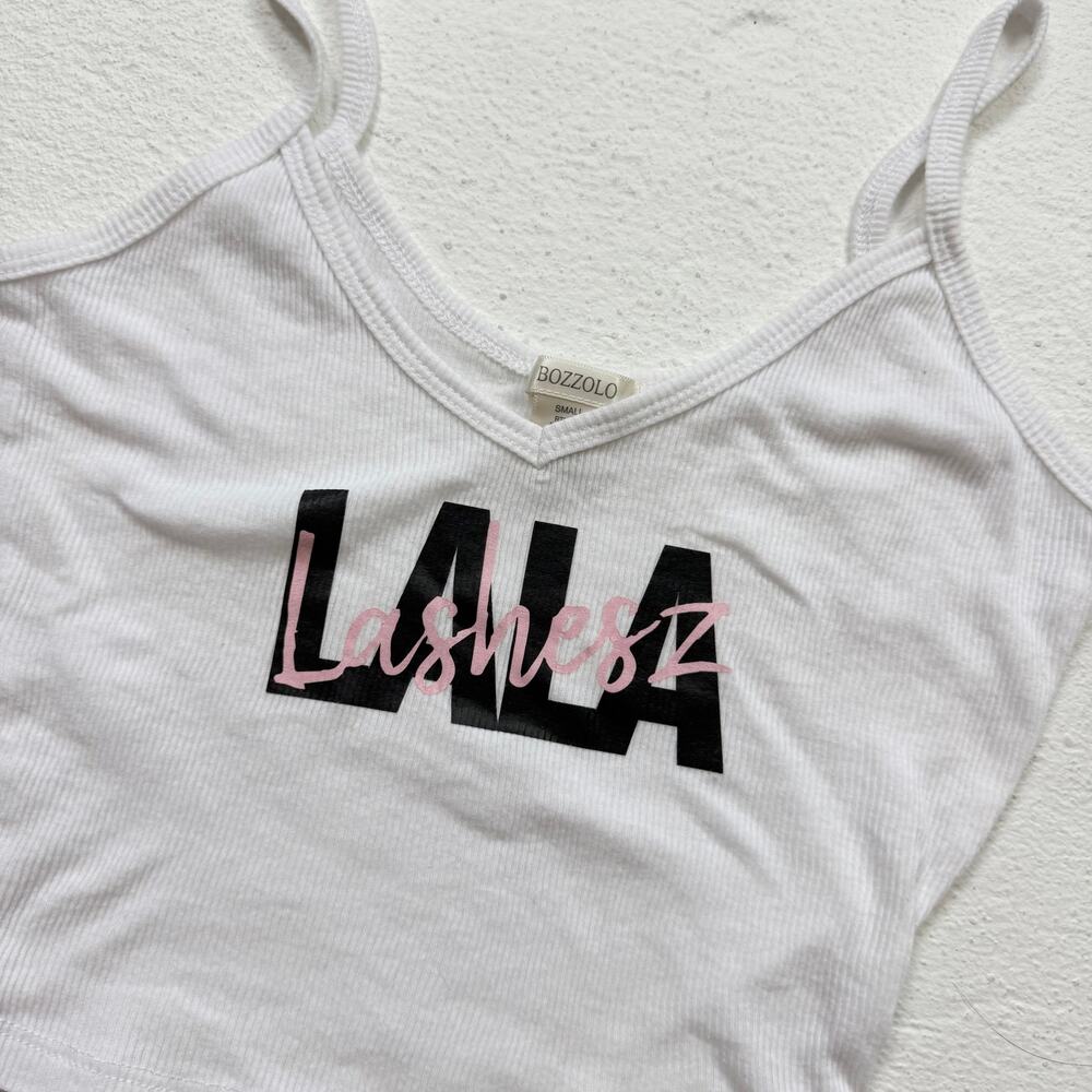 Bozzolo White Ribbed LALA Lashes Crop Tank Top, Size Small - Picture 2 of 4